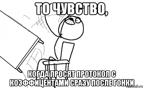 То чувство, когда просят протокол с коэффицентами сразу после гонки, Мем  Переворачивает стол