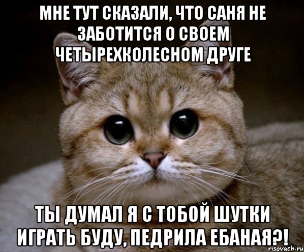 Мне тут сказали, что Саня не заботится о своем четырехколесном друге ТЫ ДУМАЛ Я С ТОБОЙ ШУТКИ ИГРАТЬ БУДУ, ПЕДРИЛА ЕБАНАЯ?!, Мем Пидрила Ебаная