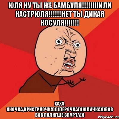 Юля ну ты же бамбуля!!!!!!!!Или кастрюля!!!!!!Нет ты дикая косуля!!!!!!! Хаха Яночка,Кристиночка))))Лерочка)))Юличка)))Вов вов полнгше Спарта!)), Мем Почему