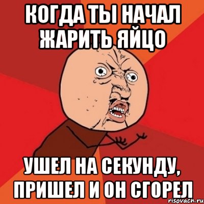 Когда ты начал жарить яйцо ушел на секунду, пришел и он сгорел, Мем Почему