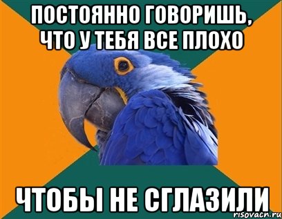 Постоянно говоришь, что у тебя все плохо чтобы не сглазили, Мем Попугай параноик