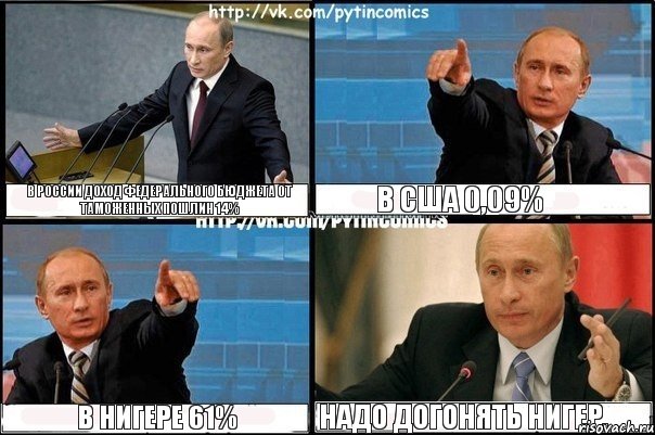 В России доход федерального бюджета от таможенных пошлин 14% В США 0,09% В Нигере 61% Надо догонять Нигер., Комикс Путин