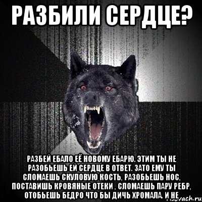 РАЗБИЛИ СЕРДЦЕ? РАЗБЕЙ ЕБАЛО ЕЁ НОВОМУ ЕБАРЮ. ЭТИМ ТЫ НЕ РАЗОБЬЕШЬ ЕЙ СЕРДЦЕ В ОТВЕТ. ЗАТО ЕМУ ТЫ СЛОМАЕШЬ СКУЛОВУЮ КОСТЬ, РАЗОБЬЕШЬ НОС, ПОСТАВИШЬ КРОВЯНЫЕ ОТЕКИ , СЛОМАЕШЬ ПАРУ РЕБР, ОТОБЬЕШЬ БЕДРО ЧТО БЫ ДИЧЬ ХРОМАЛА. И НЕ, Мем Сумасшедший волк