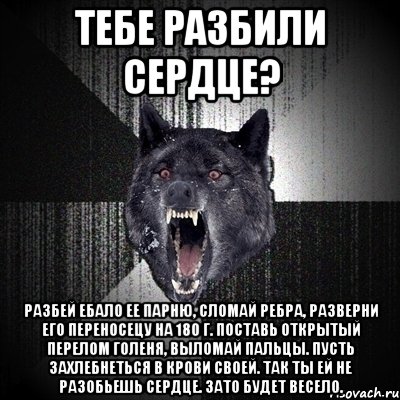 тЕБЕ РАЗБИЛИ СЕРДЦЕ? РАЗБЕЙ ЕБАЛО ЕЕ ПАРНЮ, СЛОМАЙ РЕБРА, РАЗВЕРНИ ЕГО ПЕРЕНОСЕЦУ НА 180 Г. ПОСТАВЬ ОТКРЫТЫЙ ПЕРЕЛОМ ГОЛЕНЯ, ВЫЛОМАЙ ПАЛЬЦЫ. ПУСТЬ ЗАХЛЕБНЕТЬСЯ В КРОВИ СВОЕЙ. ТАК ТЫ ЕЙ НЕ РАЗОБЬЕШЬ СЕРДЦЕ. ЗАТО БУДЕТ ВЕСЕЛО., Мем Сумасшедший волк