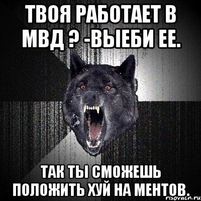 ТВОЯ РАБОТАЕТ В МВД ? -ВЫЕБИ ЕЕ. ТАК ТЫ СМОЖЕШЬ ПОЛОЖИТЬ ХУЙ НА МЕНТОВ., Мем Сумасшедший волк