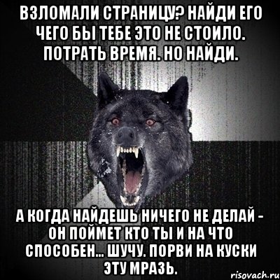 ВЗЛОМАЛИ СТРАНИЦУ? НАЙДИ ЕГО ЧЕГО БЫ ТЕБЕ ЭТО НЕ СТОИЛО. ПОТРАТЬ ВРЕМЯ. НО НАЙДИ. А КОГДА НАЙДЕШЬ НИЧЕГО НЕ ДЕЛАЙ - ОН ПОЙМЕТ КТО ТЫ И НА ЧТО СПОСОБЕН... ШУЧУ. ПОРВИ НА КУСКИ ЭТУ МРАЗЬ., Мем Сумасшедший волк