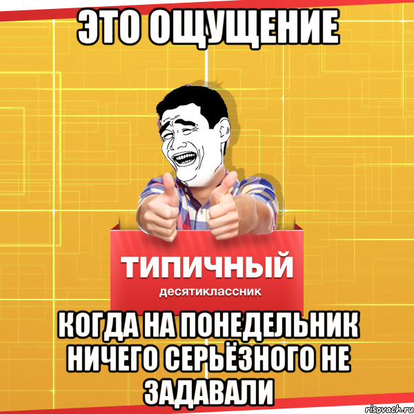 это ощущение когда на понедельник ничего серьёзного не задавали, Мем Типичный десятиклассник