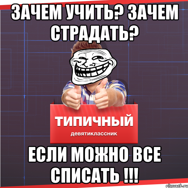 зачем учить? зачем страдать? если можно все списать !!!, Мем Типичный десятиклассник