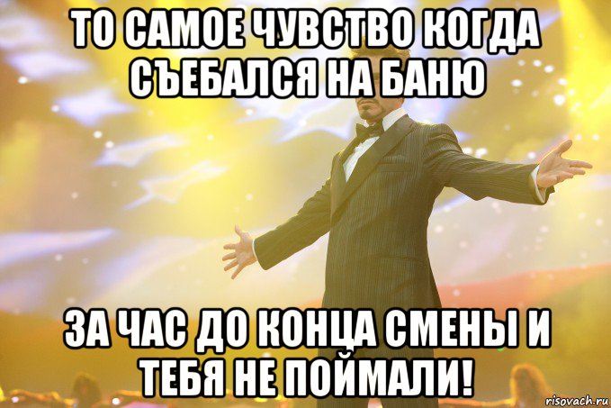 То самое чувство когда съебался на баню За час до конца смены и тебя не поймали!, Мем Тони Старк (Роберт Дауни младший)