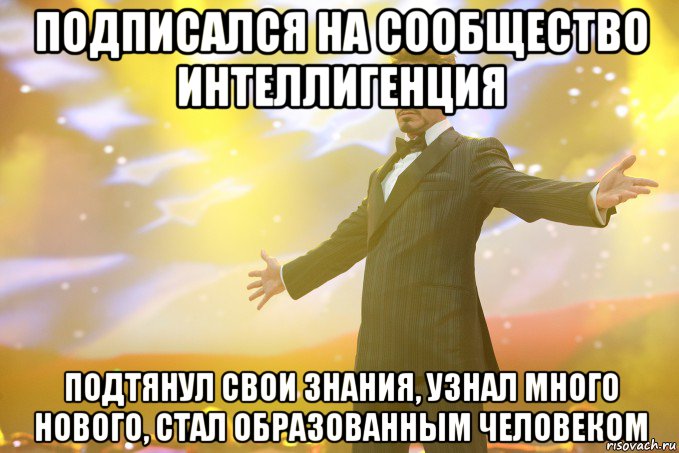 подписался на сообщество интеллигенция Подтянул свои знания, узнал много нового, стал образованным человеком, Мем Тони Старк (Роберт Дауни младший)