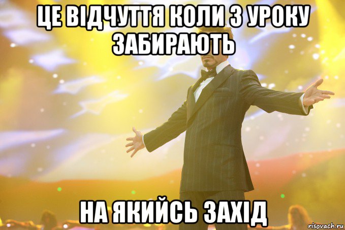 це відчуття коли з уроку забирають на якийсь захід, Мем Тони Старк (Роберт Дауни младший)