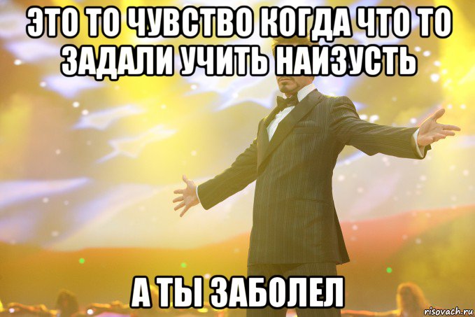 это то чувство когда что то задали учить наизусть а ты заболел, Мем Тони Старк (Роберт Дауни младший)