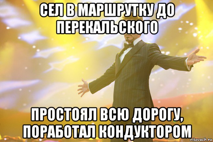 сел в маршрутку до перекальского простоял всю дорогу, поработал кондуктором, Мем Тони Старк (Роберт Дауни младший)