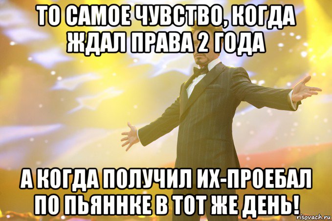 То самое чувство, когда ждал права 2 года а когда получил их-проебал по пьяннке в тот же день!, Мем Тони Старк (Роберт Дауни младший)