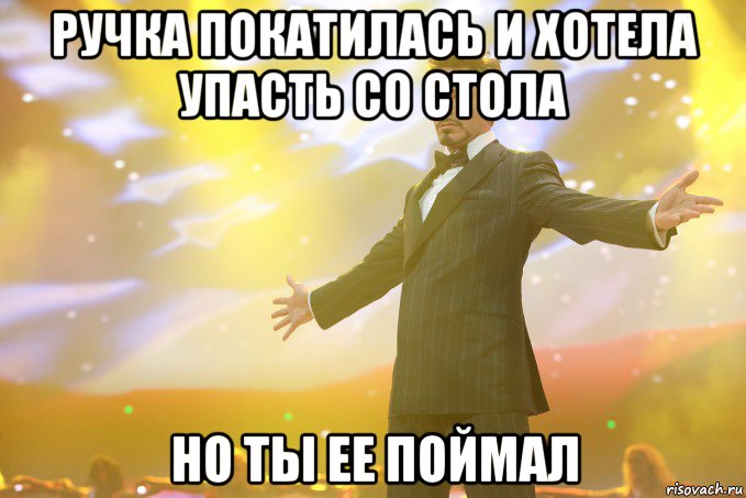 РУЧКА ПОКАТИЛАСЬ И ХОТЕЛА УПАСТЬ СО СТОЛА НО ТЫ ЕЕ ПОЙМАЛ, Мем Тони Старк (Роберт Дауни младший)