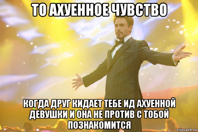 то ахуенное чувство когда друг кидает тебе ид ахуенной девушки и она не против с тобой познакомится, Мем Тони Старк (Роберт Дауни младший)