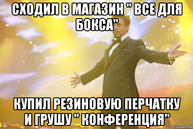 сходил в магазин " все для бокса" купил резиновую перчатку и грушу " конференция", Мем Тони Старк (Роберт Дауни младший)