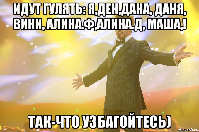 Идут гулять: Я,Ден,Дана, Даня, Вини, Алина.Ф,Алина.Д, Маша,! Так-что узбагойтесь), Мем Тони Старк (Роберт Дауни младший)