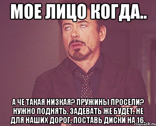 Мое лицо когда.. А че такая низкая? Пружины просели? Нужно поднять. Задевать же будет. Не для наших дорог. Поставь диски на 16., Мем твое выражение лица