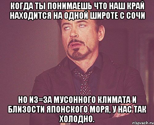 Когда ты понимаешь что наш Край находится на одной широте с Сочи но из=за мусонного климата и близости Японского моря, у нас так холодно., Мем твое выражение лица