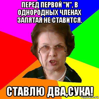 Перед первой "и", в однородных членах запятая не ставится. Ставлю два,сука!, Мем Типичная училка