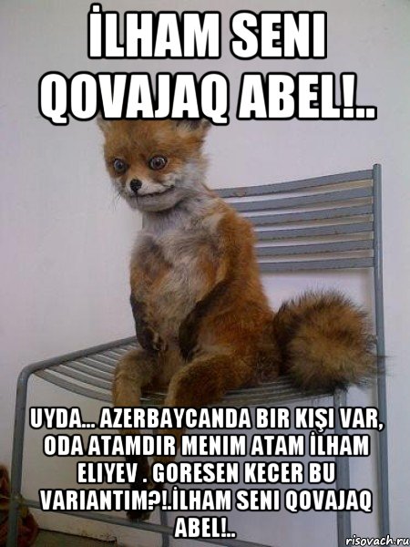 İlham seni qovajaq Abel!.. Uyda... Azerbaycanda bir kişi var, oda atamdir menim atam İlham Eliyev . Goresen kecer bu variantim?!.İlham seni qovajaq Abel!.., Мем Упоротая лиса