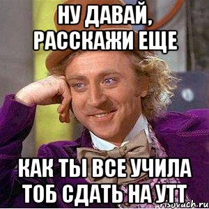 ну давай, расскажи еще как ты все учила тоб сдать на УТТ, Мем Ну давай расскажи (Вилли Вонка)