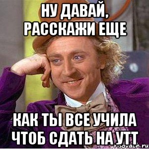 ну давай, расскажи еще как ты все учила чтоб сдать на УТТ, Мем Ну давай расскажи (Вилли Вонка)