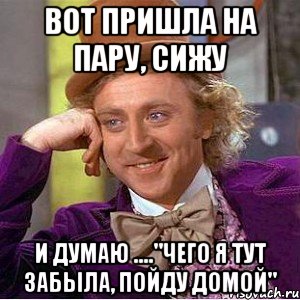 Вот пришла на пару, сижу И думаю ...."чего я тут забыла, пойду домой", Мем Ну давай расскажи (Вилли Вонка)