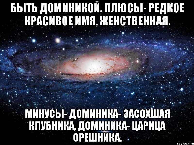 Быть Доминикой. Плюсы- редкое красивое имя, женственная. Минусы- Доминика- засохшая клубника, Доминика- царица орешника., Мем Вселенная