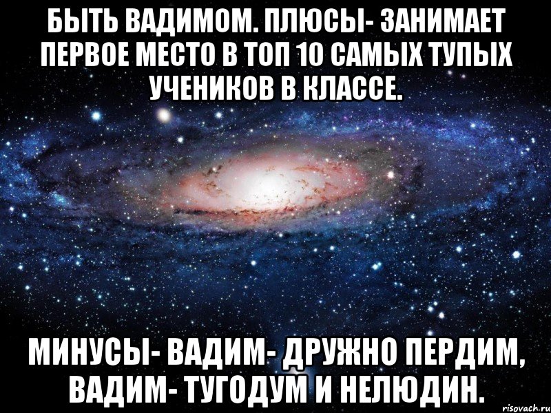 Быть Вадимом. Плюсы- занимает первое место в топ 10 самых тупых учеников в классе. Минусы- Вадим- дружно пердим, Вадим- тугодум и нелюдин., Мем Вселенная