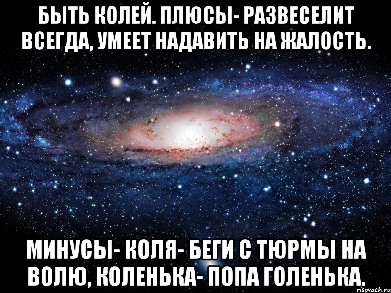 Быть Колей. Плюсы- развеселит всегда, умеет надавить на жалость. Минусы- Коля- беги с тюрмы на волю, Коленька- попа голенька., Мем Вселенная