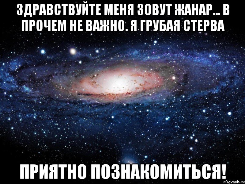 Здравствуйте меня зовут Жанар... В прочем не важно. Я грубая стерва Приятно познакомиться!, Мем Вселенная