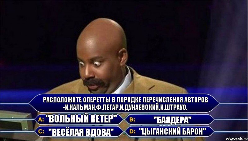 Расположите оперетты в порядке перечисления авторов -И.Кальман,Ф.Легар,И.Дунаевский,И.Штраус. "Вольный ветер" "Весёлая вдова" "Баядера" "Цыганский барон", Комикс      Кто хочет стать миллионером