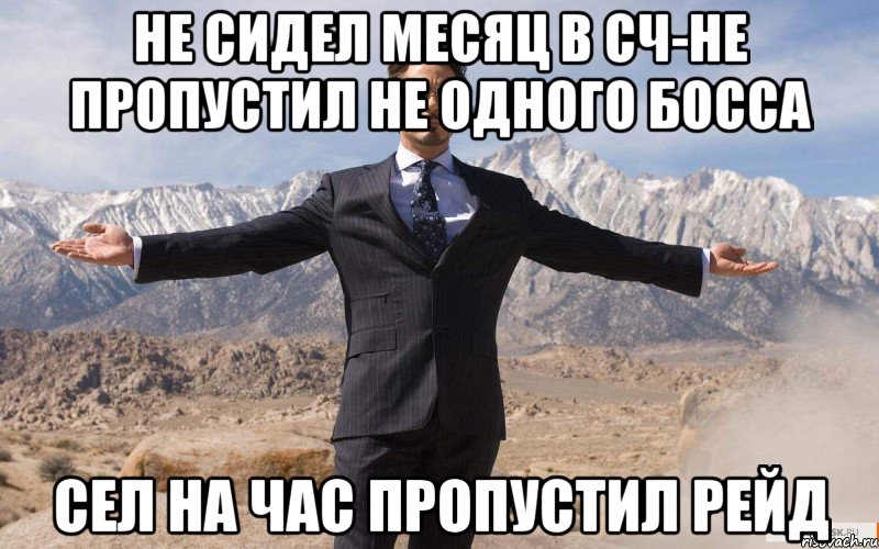 Не сидел месяц в сч-не пропустил не одного босса Сел на час пропустил рейд, Мем железный человек