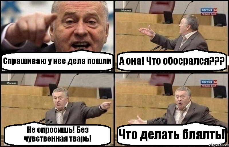 Спрашиваю у нее дела пошли А она! Что обосрался??? Не спросишь! Без чувственная тварь! Что делать блялть!, Комикс Жириновский