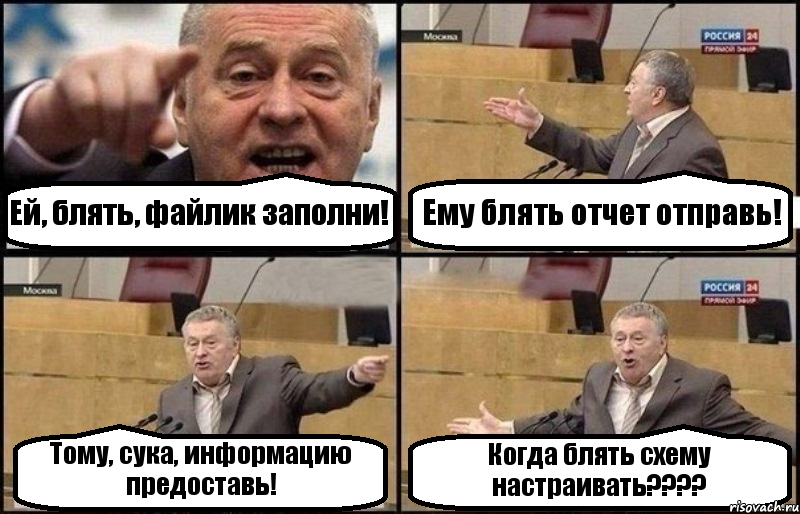 Ей, блять, файлик заполни! Ему блять отчет отправь! Тому, сука, информацию предоставь! Когда блять схему настраивать????, Комикс Жириновский