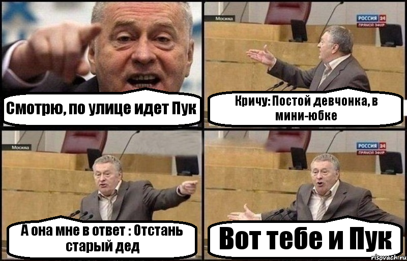 Смотрю, по улице идет Пук Кричу: Постой девчонка, в мини-юбке А она мне в ответ : Отстань старый дед Вот тебе и Пук, Комикс Жириновский