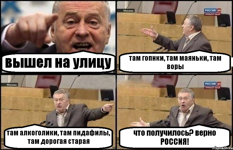 вышел на улицу там гопнки, там маяньки, там воры там алкоголики, там пидафилы, там дорогая старая что получилось? верно РОССИЯ!, Комикс Жириновский