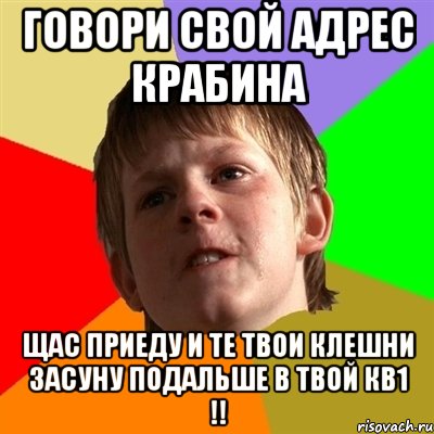 говори свой адрес крабина щас приеду и те твои клешни засуну подальше в твой кв1 !!, Мем Злой школьник