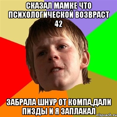 Сказал мамке что психологической возвраст 42 Забрала шнур от компа,дали пизды и я заплакал, Мем Злой школьник