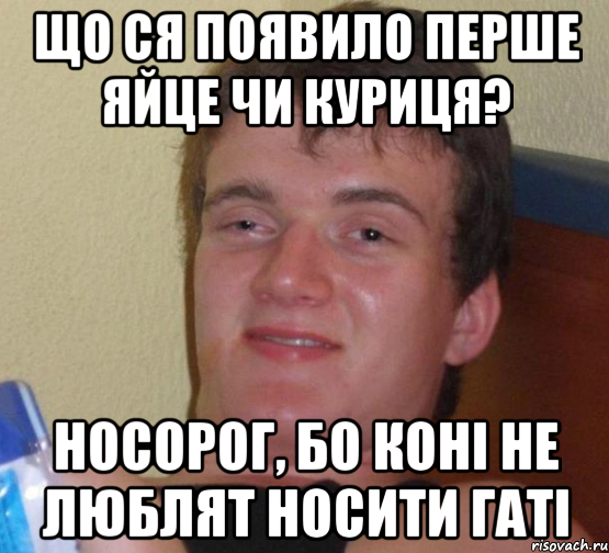 Що ся появило перше яйце чи куриця? Носорог, бо конi не люблят носити гатi, Мем 10 guy (Stoner Stanley really high guy укуренный парень)