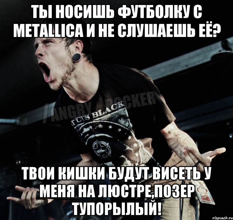 Ты носишь футболку с METALLICA и не слушаешь её? Твои кишки будут висеть у меня на люстре,позер тупорылый!, Мем Агрессивный Рокер