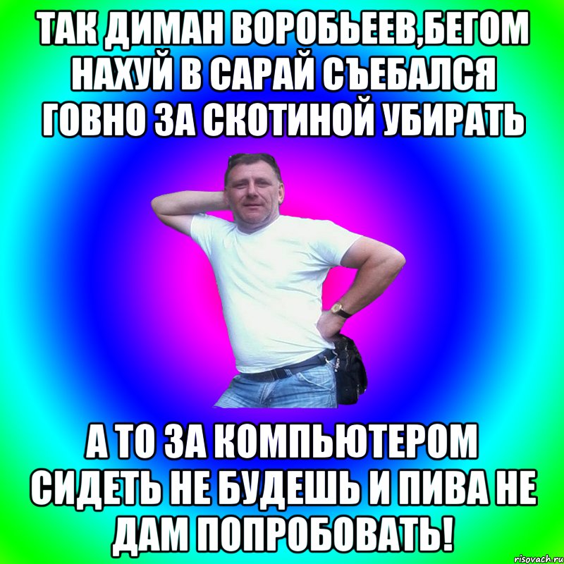 Так Диман Воробьеев,бегом нахуй в сарай съебался говно за скотиной убирать А то за компьютером сидеть не будешь и пива не дам попробовать!, Мем Артур Владимирович