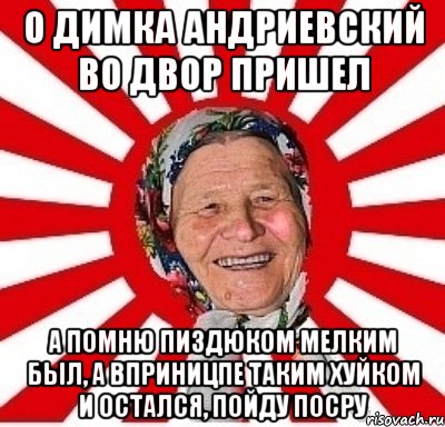 О Димка Андриевский во двор пришел А помню пиздюком мелким был, а вприницпе таким хуйком и остался, пойду посру, Мем  бабуля