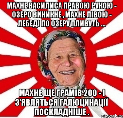 Махне Василиса правою рукою - озеро виникне , махне лівою - лебеді по озеру пливуть ... Махне ще грамів 200 - і з'являться галюцинації поскладніше ., Мем  бабуля