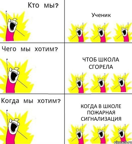 Ученик Чтоб школа сгорела Когда в школе пожарная сигнализация, Комикс Что мы хотим