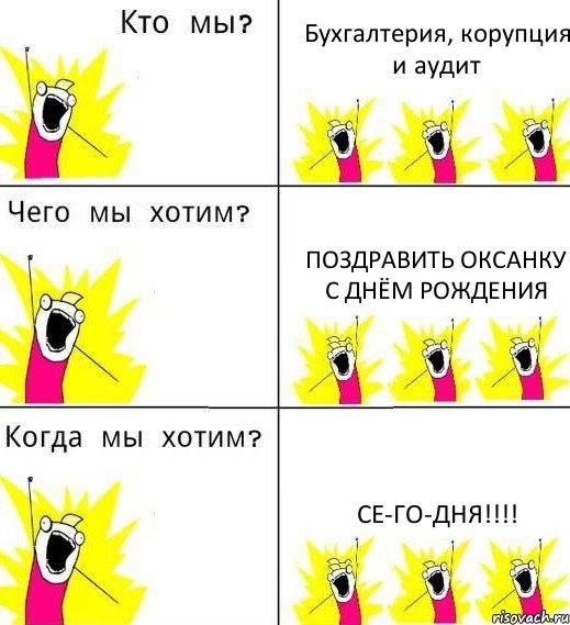 Бухгалтерия, корупция и аудит Поздравить Оксанку с Днём Рождения СЕ-ГО-ДНЯ!!!!, Комикс Что мы хотим