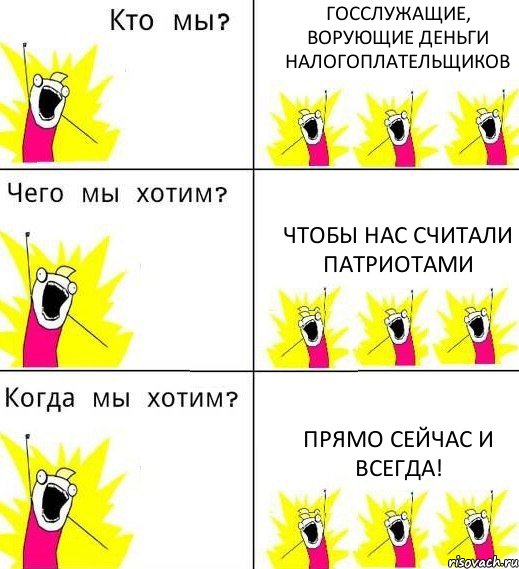 ГОССЛУЖАЩИЕ, ВОРУЮЩИЕ ДЕНЬГИ НАЛОГОПЛАТЕЛЬЩИКОВ ЧТОБЫ НАС СЧИТАЛИ ПАТРИОТАМИ ПРЯМО СЕЙЧАС И ВСЕГДА!, Комикс Что мы хотим