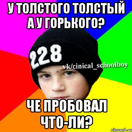 У толстого толстый а у горького? Че пробовал что-ли?, Мем  Циничный школьник 1